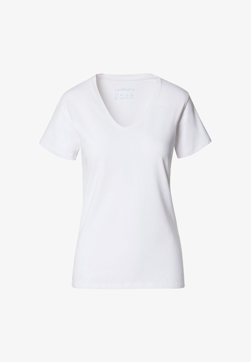 Biały t-shirt z krótkim rękawem i głębokim dekoltem w serek, wykonany z gładkiej, elastycznej bawełnianej mieszanki. Charakteryzuje się prostym wzornictwem bez wzorów i ozdób.