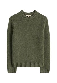 Maglione verde lavorato a maglia con collo rotondo, polsini e orlo a coste, caratterizzato da un motivo testurizzato in tutto il capo. Sfumature sottili di verde chiaro.