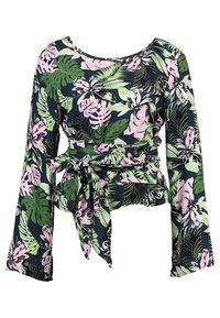 Haut à enfiler floral en marine foncé avec des motifs de feuilles roses et vertes. Manches longues, décolleté arrondi et lien sur le côté pour un ajustement réglable.