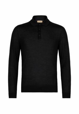 Czarna koszulka polo z długim rękawem, trzema guzikami oraz prążkowanym dołem i mankietami, prezentowana na białym tle.