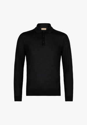 Czarna koszulka polo z długim rękawem, trzema guzikami oraz prążkowanym dołem i mankietami, prezentowana na białym tle.