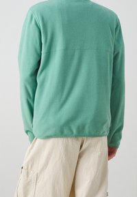 Pullover in pile verde chiaro, con scollo rotondo e maniche lunghe, dalla consistenza liscia e dettagli di cucitura discreti sul retro.