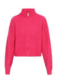 Maglione rosa cropped con colletto alto e zip frontale, caratterizzato da una texture a costine e maniche ampie per un fit rilassato.