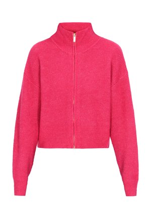 Cropped pink sweater with a high collar and front zipper, featuring a ribbed texture and wide sleeves for a loose fit.