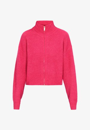 Lühikesed roosa kampsun kõrge kaelusega ja esiäpiga, millel on soonikkude tekstuur ja laiad varrukad, mis tagavad üleüldise mugavuse.