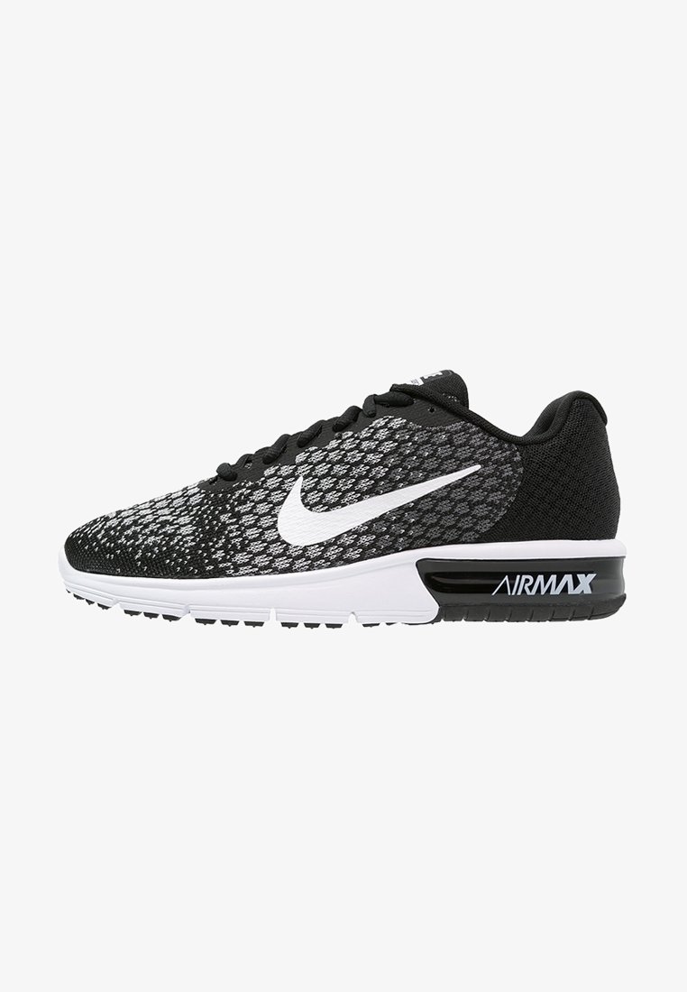 Chaussure de course Nike Air Max noir et blanc avec empeigne en mesh à motifs, semelle à coussin d'air visible et logo Nike swoosh blanc.