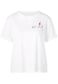 Weißes Baumwoll-T-Shirt mit hochgerollten Ärmeln, lockerer Passform und gesticktem Motiv eines Champagnerflasche und eines Glases mit dem Schriftzug "Cheers".