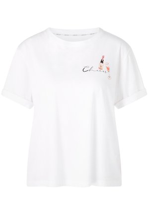 White cotton t-shirt featuring rolled sleeves, a relaxed fit, and embroidered graphic with champagne bottle and flute, alongside "Cheers."