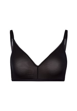 Zwarte draadloze bh met een V-halsontwerp, van mesh materiaal, dunne verstelbare bandjes en naadloze cups. Heeft een eenvoudige, ingetogen afwerking.