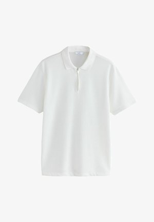 Witte polo shirt met korte mouwen, geribbeld textuur en een kwart-rits aan de voorkant. Bevat een contrasterende gladde kraag en een rechte zoom.