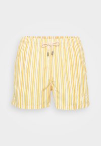Gelbe und weiße gestreifte Badeshorts mit elastischem Bund und Zugband, versehen mit einer glatten Stofftextur und einem kleinen Logodetail.