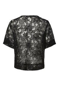 Črni čipkasti zgornji del z rožnim vzorcem, kratkimi rokavi in rahlo skrajšanim krojem z iskrčastimi dodatki. Prosojna tekstura poudarja dizajn.