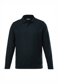 Námořnická modrá polo košile s dlouhým rukávem, límečkem, zapínáním na tři knoflíky a jemnou vodorovnou žebrovanou texturou. Směsová látka z bavlny.