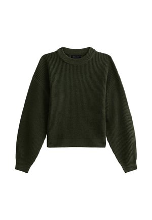 Groene gebreide trui met een ribbeltextuur, ronde hals en raglanmouwen. Korte ontwerp met een strakke pasvorm aan de zoom.