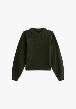 Groene gebreide trui met een ribbeltextuur, ronde hals en raglanmouwen. Korte ontwerp met een strakke pasvorm aan de zoom.