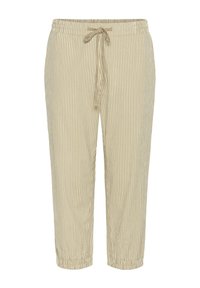 Pantalon de jogging beige clair à rayures, avec une taille élastique, un cordon de serrage réglable et des bandes élastiques aux chevilles. Texture de tissu douce.