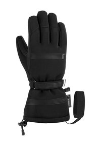 Schwarzer isolierter Handschuh mit verlängertem Bündchen, verstellbarem Handgelenkriemen und reflektierenden Akzenten. Hergestellt aus strapazierfähigem, strukturiertem Stoff.