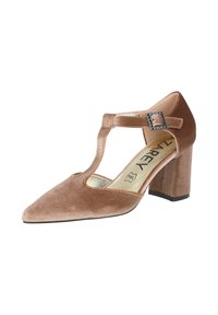 Zapato de tacón alto de terciopelo marrón con punta afilada y diseño de tirante en forma de T, que presenta un detalle de hebilla en tono plateado y un tacón cuadrado robusto.