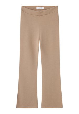 Beige flared pants made of soft fabric, featuring a smooth waistband and a clean, minimalist design with no visible patterns or accents.