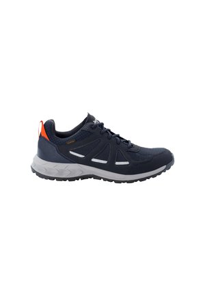 Navy athletic shoe with mesh and synthetic upper, reflective accents, grey midsole, and orange heel tab. Features a textured rubber outsole.