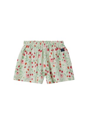 Lichtgroene shorts met elastische taille, bedrukt met rode aardbeien en roze bloemen, met een klein "P.O.P" label aan de zijkant.