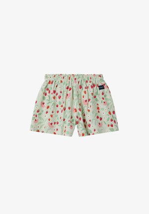 Lichtgroene shorts met elastische taille, bedrukt met rode aardbeien en roze bloemen, met een klein "P.O.P" label aan de zijkant.