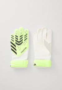 Gants de gardien de but avec une paume blanche et des accents vert clair. Comprend une surface de prise texturée et des rayures noires. Sangle de poignet réglable incluse.