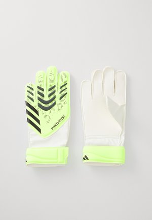 Gants de gardien de but avec une paume blanche et des accents vert clair. Comprend une surface de prise texturée et des rayures noires. Sangle de poignet réglable incluse.