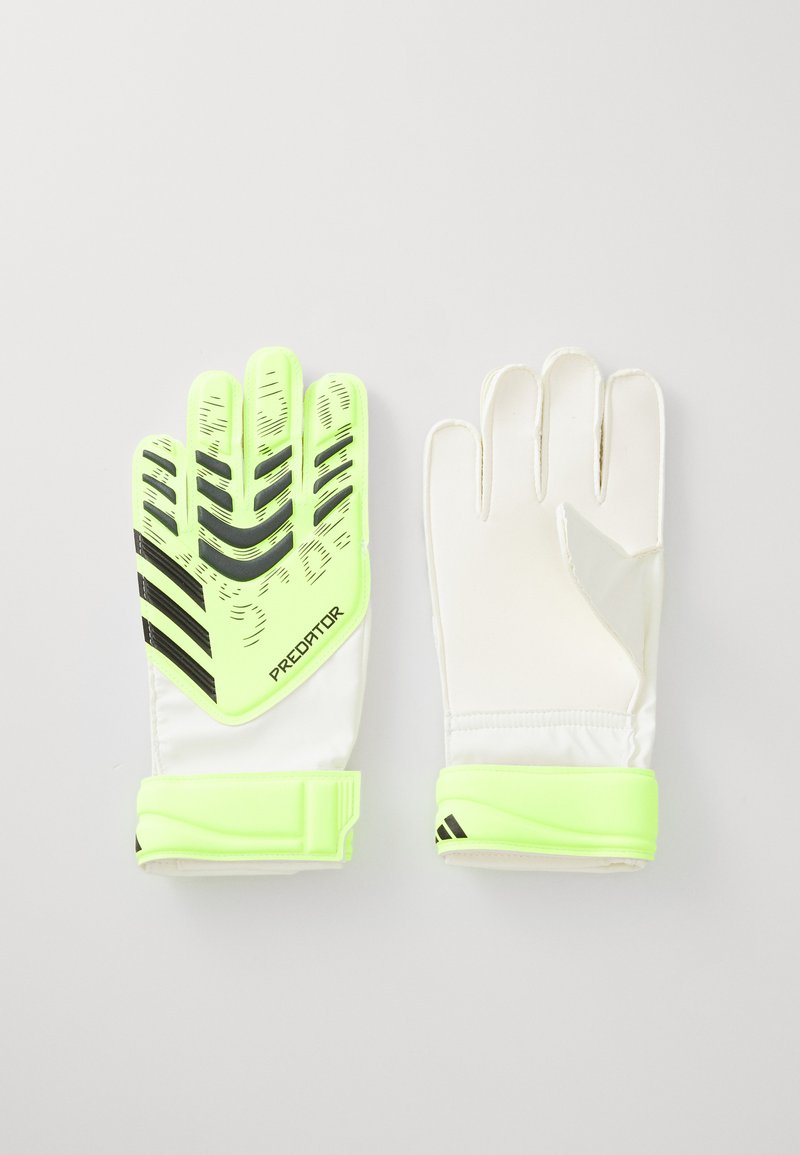 Gants de gardien de but avec une paume blanche et des accents vert clair. Comprend une surface de prise texturée et des rayures noires. Sangle de poignet réglable incluse.