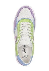 Mehrfarbige Sneaker aus einem Mix von weißen, grünen, lila und blauen Wildleder- und Mesh-Materialien. Ausgestattet mit weißen Schnürsenkeln und Branding an der Zunge.