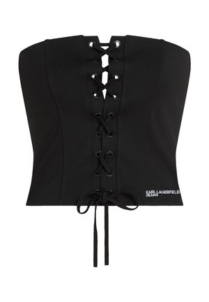 Svart stroppeløs korsettstil topp med snøring foran og "Karl Lagerfeld Jeans"-logo på nedre høyre side.