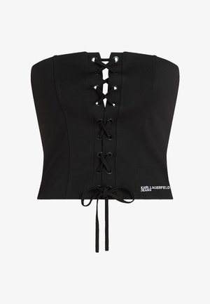 Czarny gorsetowy top bez ramiączek z wiązaniem z przodu i logo "Karl Lagerfeld Jeans" na dolnej prawej stronie.