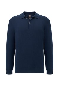 Marineblaues langärmliges Sweatshirt mit Kragen und drei Knöpfen. Hergestellt aus weichem Material mit gerippten Bündchen und Saum.