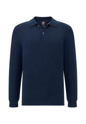Pullover blu navy a maniche lunghe con colletto, dotato di tre bottoni. Realizzato in materiale morbido con polsini e orlo a coste.