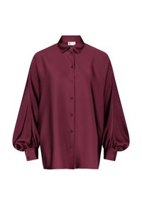 Burgundy satin blouse featuring a classic collar, button front, and voluminous long sleeves with buttoned cuffs. Smooth texture.