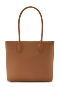 Bruine leren tote bag met een gladde textuur, twee ronde handvatten en een minimalistisch ontwerp. Geen zichtbare hardware of patronen.