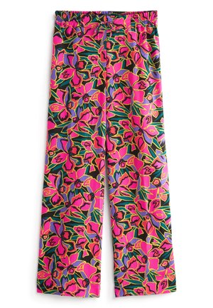 Wide-leg pants with elastic waistband and colorful floral pattern in bright pink, purple, green, and black tones.