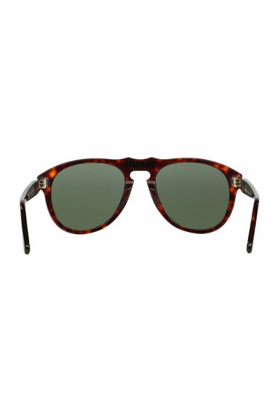 Occhiali da sole tartaruga con lenti verdi, caratterizzati da un design retrò e forma rotonda. Gli inserti in metallo sulle cerniere aggiungono resistenza.