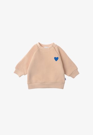 Helle beige Sweatshirt mit Raglanärmeln, gerippten Bündchen und Saum. Auf der Vorderseite ist ein blauer Herz-Grafikdruck. Weicher, strukturierten Stoff.