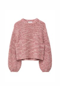 Gekürzter Pullover aus einem leicht rosafarbenen und weißen strukturierten Strick. Hat einen runden Halsausschnitt und Ballonärmel mit gerippten Bündchen.