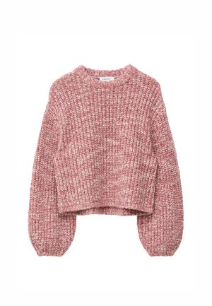 Cropped sweater in a light pink and white textured knit. Features a round neckline and balloon sleeves with ribbed cuffs.