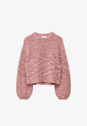 Cropped sweater in a light pink and white textured knit. Features a round neckline and balloon sleeves with ribbed cuffs.