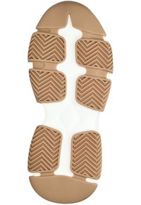Schuhsohle in Braun und Weiß, mit einem strukturierten Gummimuster und Zickzackrillen für Traktion und Flexibilität. Glattes, abgerundetes Fersendesign.
