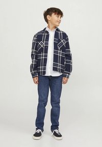 Tamsiai mėlyna languota flanelinė marškinėliai dėvimi virš balto marškinių su sagomis, derinami su mėlynomis džinsais ir juodais sportbačiais. Marškinėlių sagos ir kišenės aiškiai matomos.