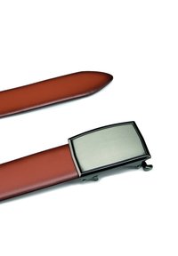 Brown leather belt with a rectangular silver metal buckle. The strap is smooth, and the buckle features a brushed finish and black accents.