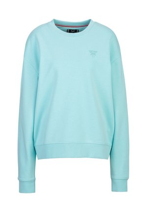 Sweat-shirt bleu clair à col rond avec manches longues, poignets et ourlet côtelés, et petit logo brodé sur la poitrine.