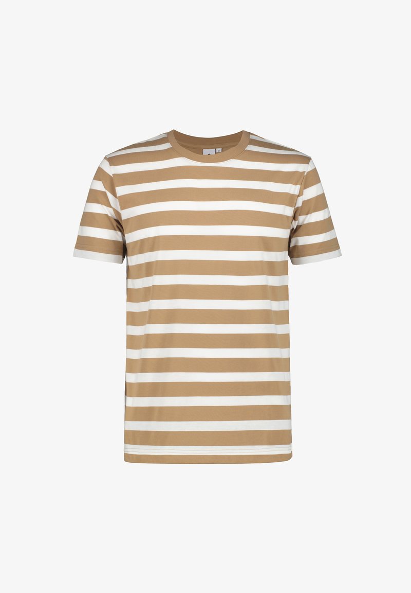 Brun och vit randig t-shirt i bomull, med rund halsringning och korta ärmar, med vågräta ränder i varierande bredder.