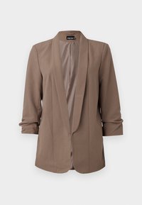 Blazer para mujer de color marrón claro con cuello de chal y mangas tres cuartos fruncidas, sin cierre frontal y forro interior suave.