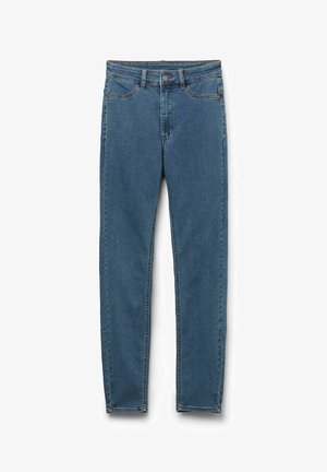 Blauwe denim jeans met een rechtbenige snit, vijf zakken en contrasterende stiksels. Beschikt over een knoopsluiting en ritssluiting.