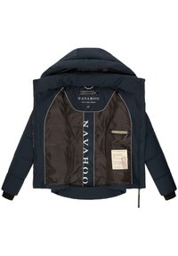 Marinblå vadderad jacka med dragkedja, med svart inre foder, logotypdetaljer och en innerficka med skötselråd.